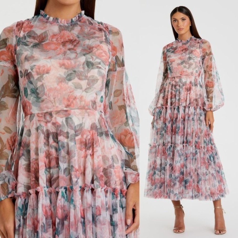 Mac Duggal NEW Floral Long Sleeve High Neck Balloon Sleeve Midi Dress - Size 8